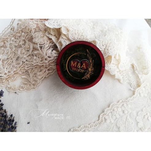 Personalized wooden ring box with moss