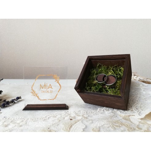 Wooden ring box with transparent lid and personalized inscription