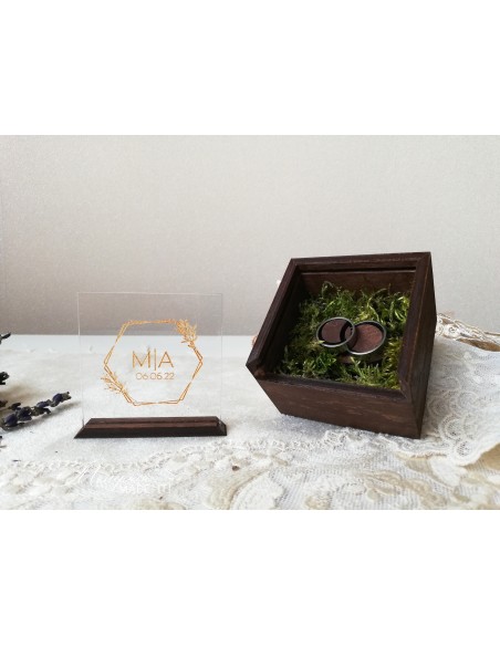 Wooden ring box with transparent lid and personalized inscription