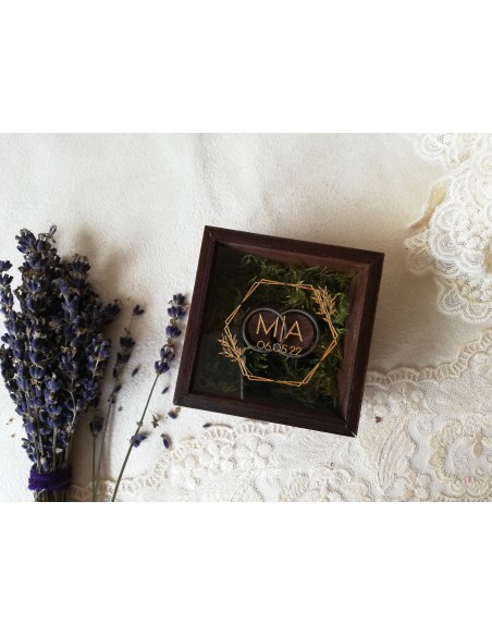 Square wooden ring box with personalization and transparent lid