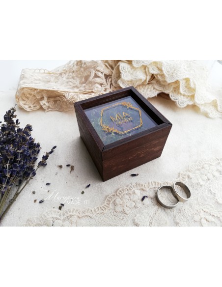 Personalized ring box with natural moss and wooden frame