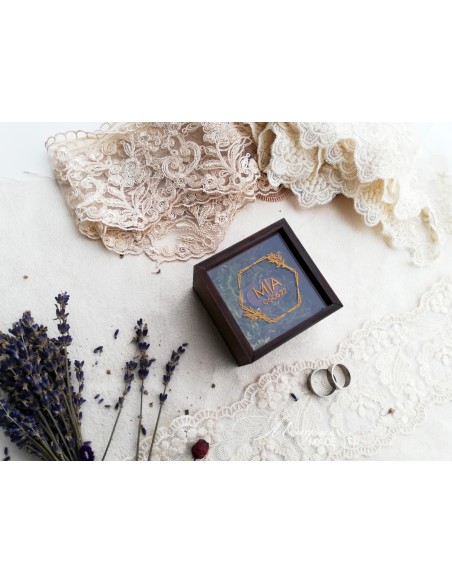 Elegant square wooden wedding ring box with moss