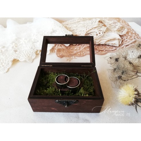 Personalized Wooden Wedding Ring Box with Moss