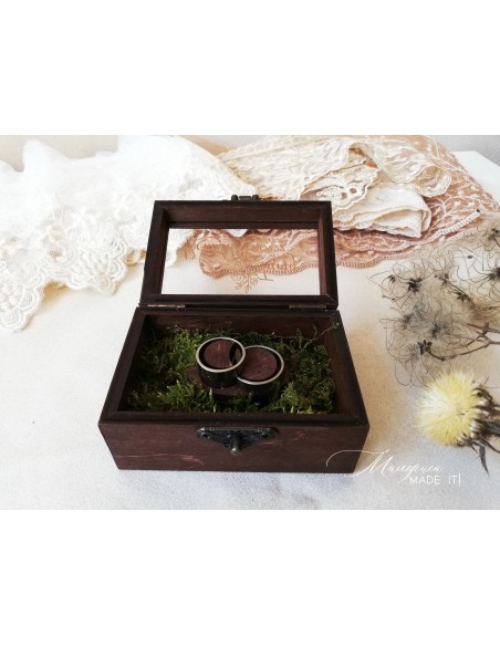 Personalized Wooden Wedding Ring Box with Moss