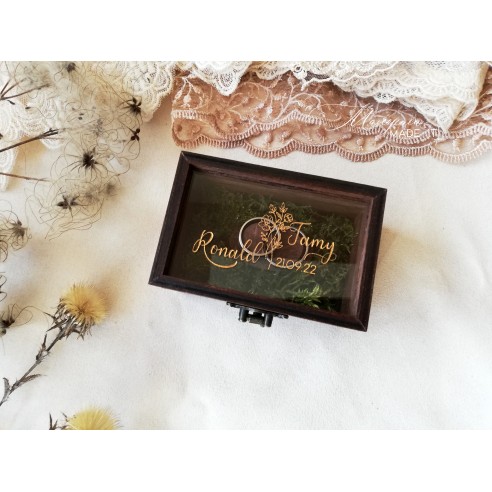 Wedding Ring Box with Moss, Wooden Base and Clear Lid