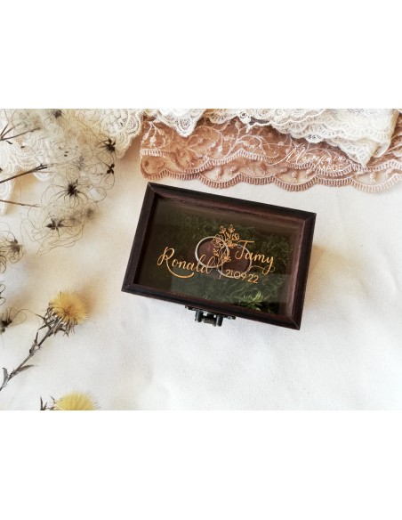 Wedding Ring Box with Moss, Wooden Base and Clear Lid