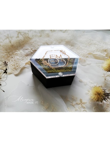 Hexagonal ring box with magnetic closure – personalized wedding box