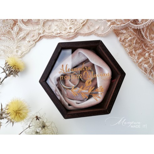 Personalized wooden ring box with a clear lid and silk velvet