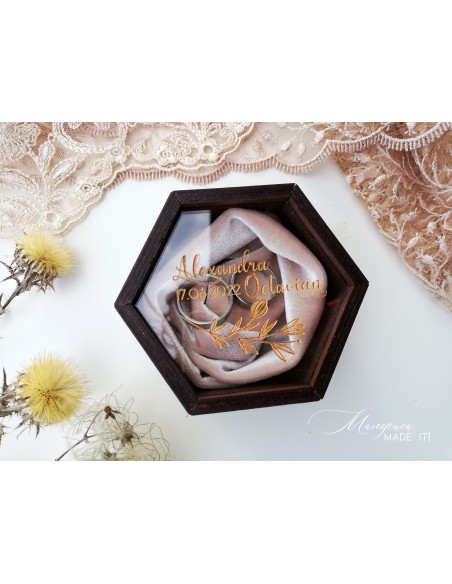 Personalized wooden ring box with a clear lid and silk velvet