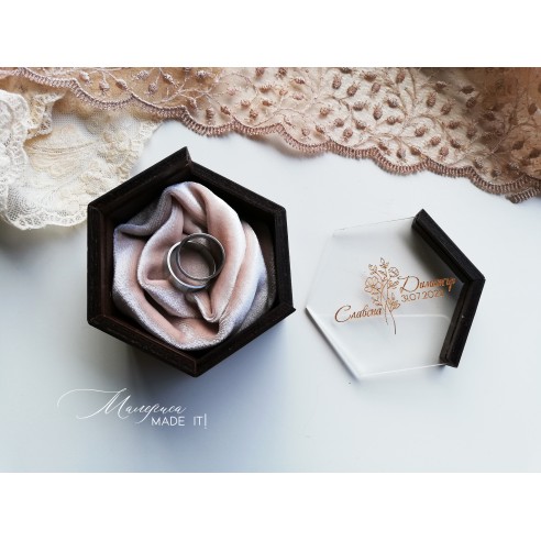 Engraved wooden ring box with silk velvet
