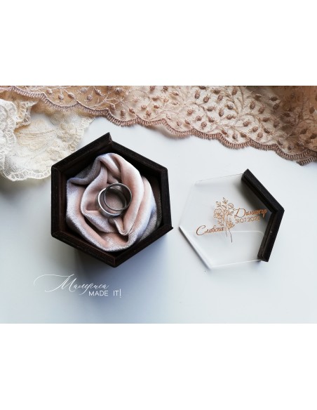 Engraved wooden ring box with silk velvet