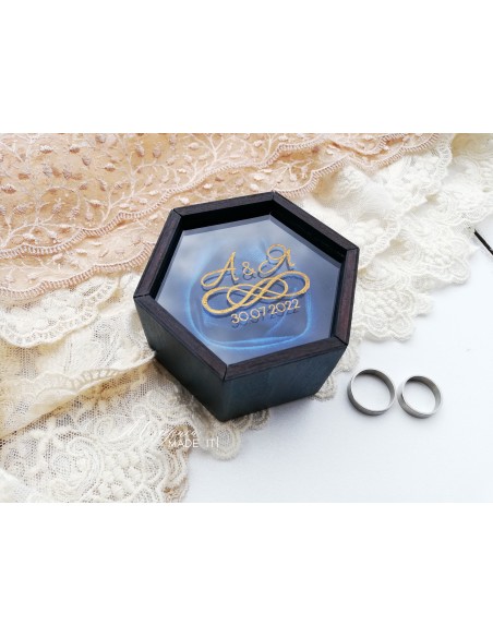 Wooden ring box with personalized inscription and velvet insert