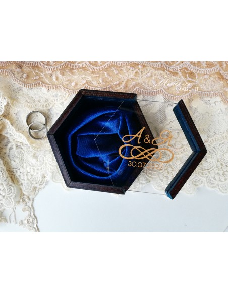 Handmade wooden wedding ring box with a clear lid