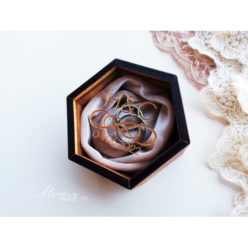 Personalized wooden ring box with a silk velvet insert