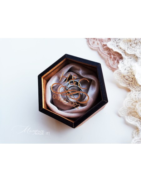 Personalized wooden ring box with a silk velvet insert