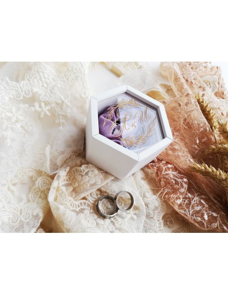 Wooden ring box with engraved design and clear lid lid