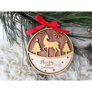 Round wooden Christmas tree ornament with deer