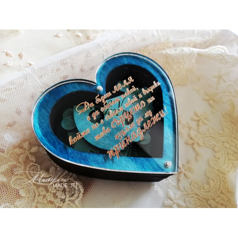 Wooden heart box with transparent lid and invitation