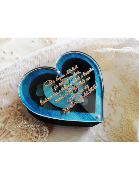 Wooden heart box with transparent lid and invitation