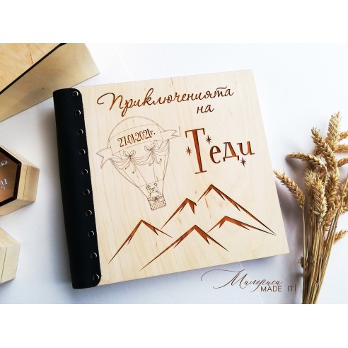 Photo album with wooden covers for children