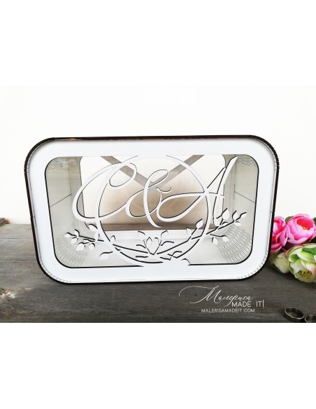 White wooden wedding box for envelopes and gifts with a personalized laser-cut inscription and decorative design.