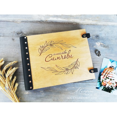 Personalized wedding photo album made of wood and genuine leather