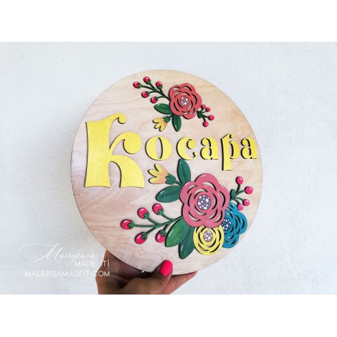Wooden name plate for nursery with flowers