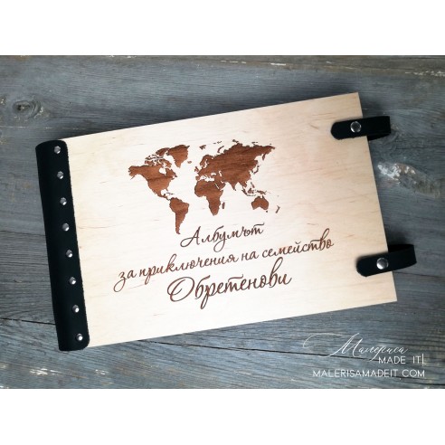 Personalized photo album made of wood and genuine leather with engraved name