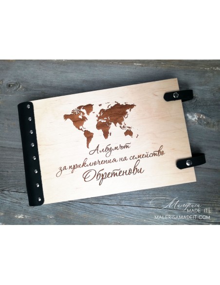 Personalized photo album made of wood and genuine leather with engraved name