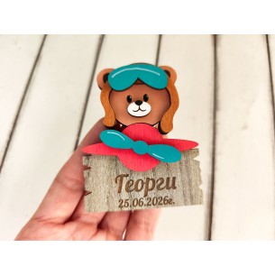 Personalized magnet with a teddy bear in a plane