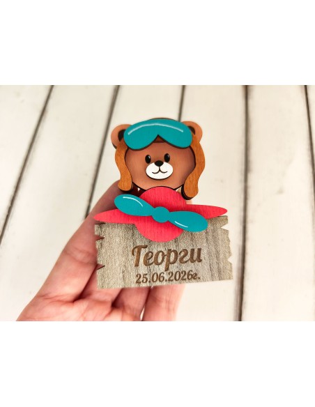 Personalized magnet with a teddy bear in a plane