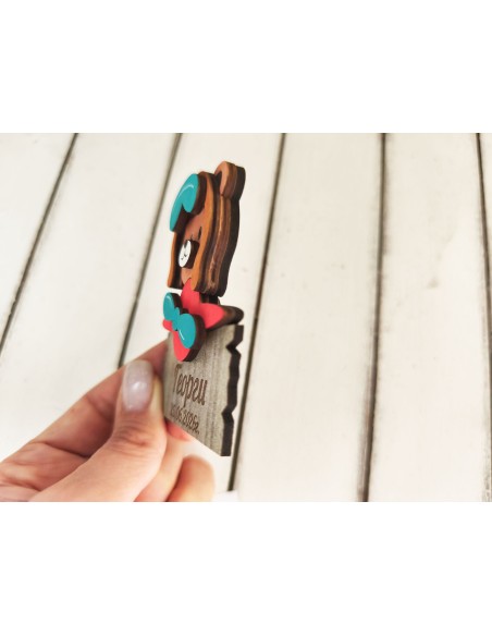 Personalized magnet with a teddy bear in a plane