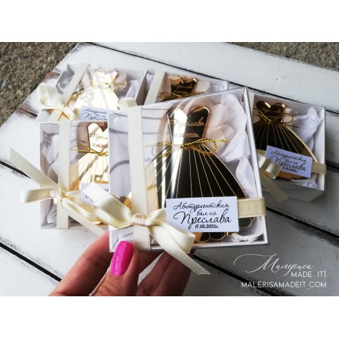 Personalized gold dress in a box - a gift for a graduate