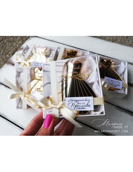 Personalized gold dress in a box - a gift for a graduate