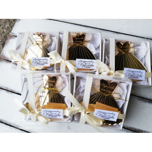 Personalized gold dress in a box - a gift for a graduate