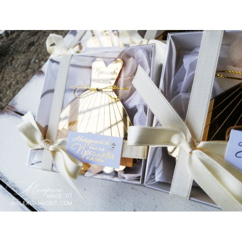 Personalized gold dress in a box - a gift for a graduate