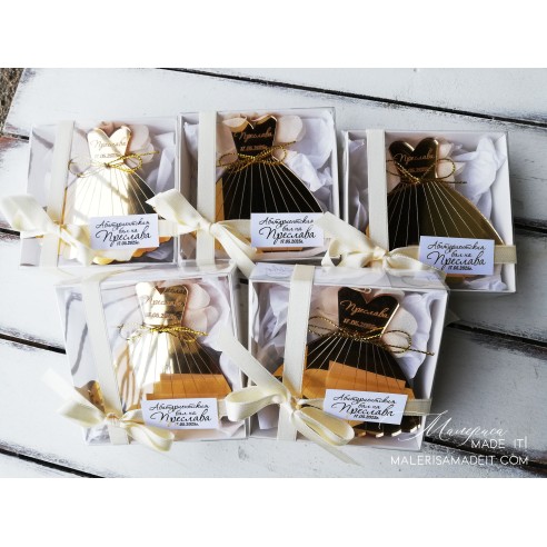 Personalized gold dress in a box - a gift for a graduate