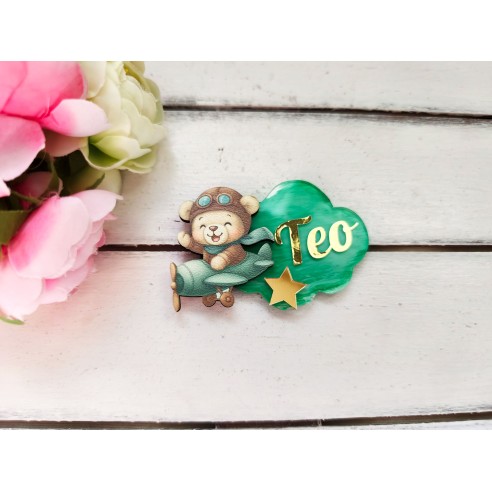 Personalized magnet for a child's birthday, baptism or cake with a pilot bear and an airplane