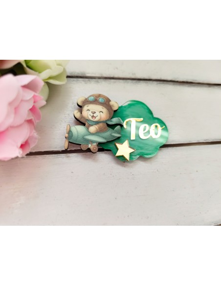 Personalized magnet for a child's birthday, baptism or cake with a pilot bear and an airplane