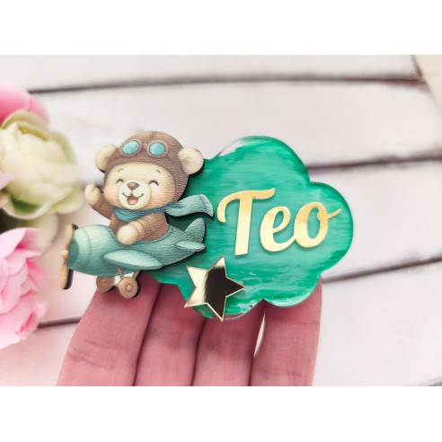 Personalized magnet for a child's birthday, baptism or cake with a pilot bear and an airplane