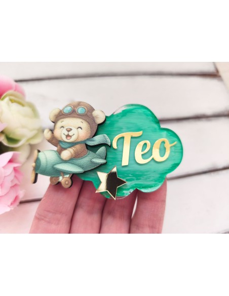 Personalized magnet for a child's birthday, baptism or cake with a pilot bear and an airplane