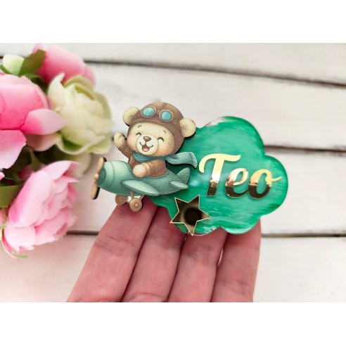 Personalized magnet for a child's birthday, baptism or cake with a pilot bear and an airplane