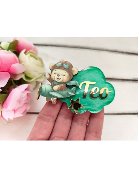 Personalized magnet for a child's birthday, baptism or cake with a pilot bear and an airplane