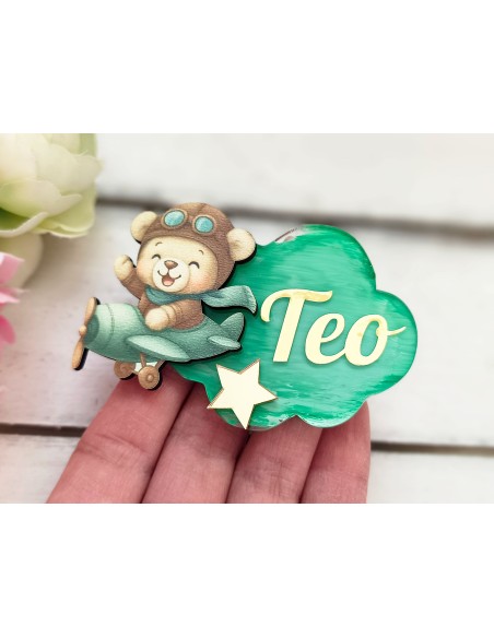 Personalized magnet for a child's birthday, baptism or cake with a pilot bear and an airplane