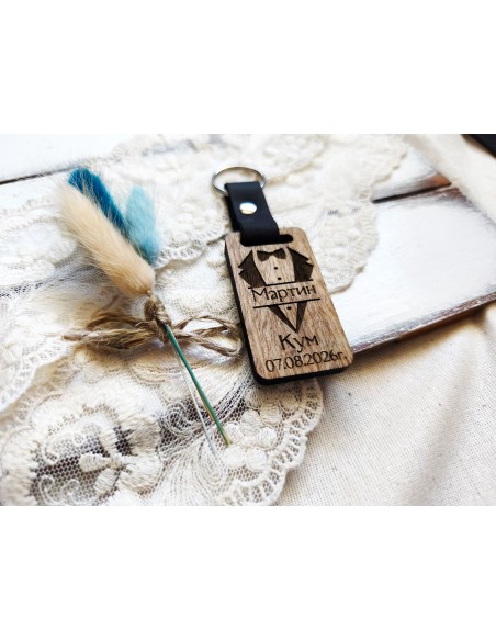 Personalized wooden walnut keychain with leather and engraving
