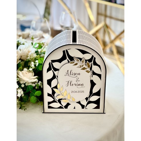 Personalized wooden wedding envelope box with names and gold decorative elements