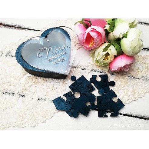 Wooden heart box with transparent lid and puzzle