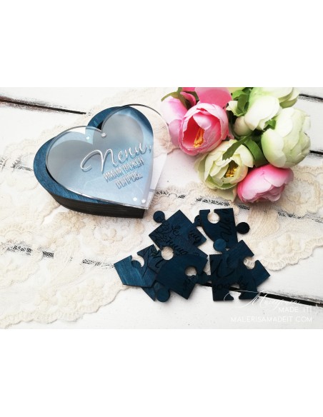 Wooden heart box with transparent lid and puzzle