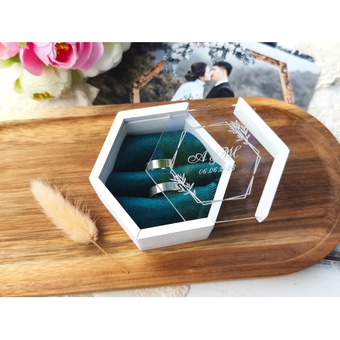 Personalized wooden ring box with velvet lining and clear lid