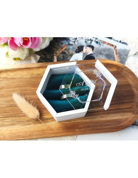 Personalized wooden ring box with velvet lining and clear lid